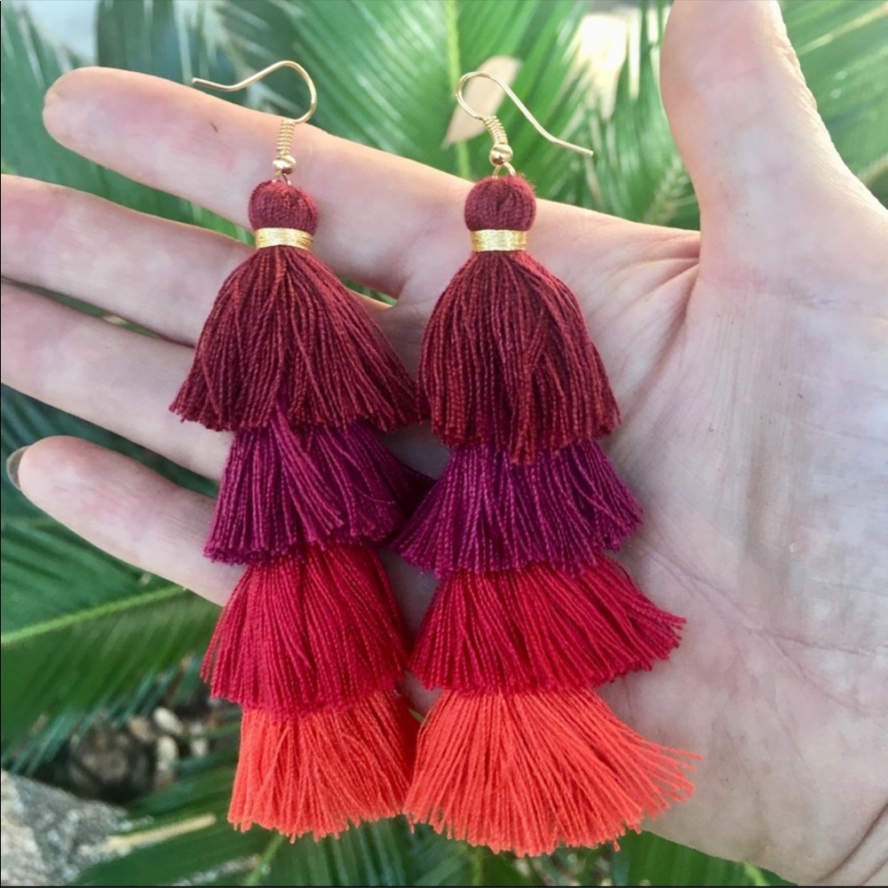 New!! Zara Red Silk Tassel Earrings - Picture 2 of 4